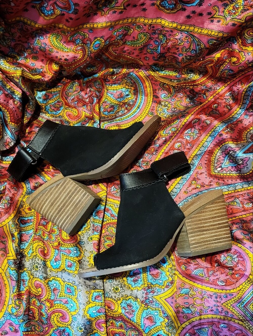Toms Black Peep Toe Black Genuine Suede Leather Shoes Women's Size 5 Chunky Heel